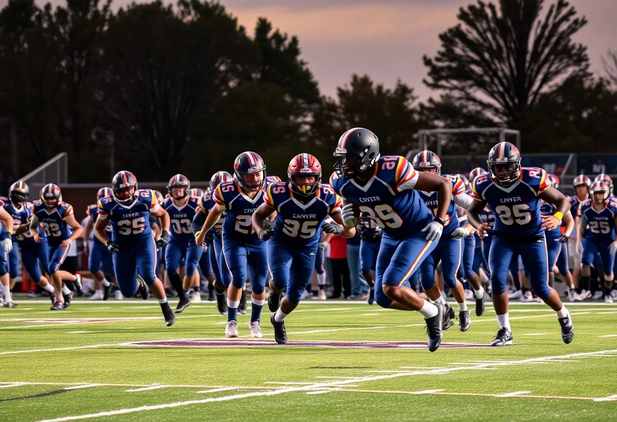 High school football game with players from Southwest Florida Christian School in action on the field.