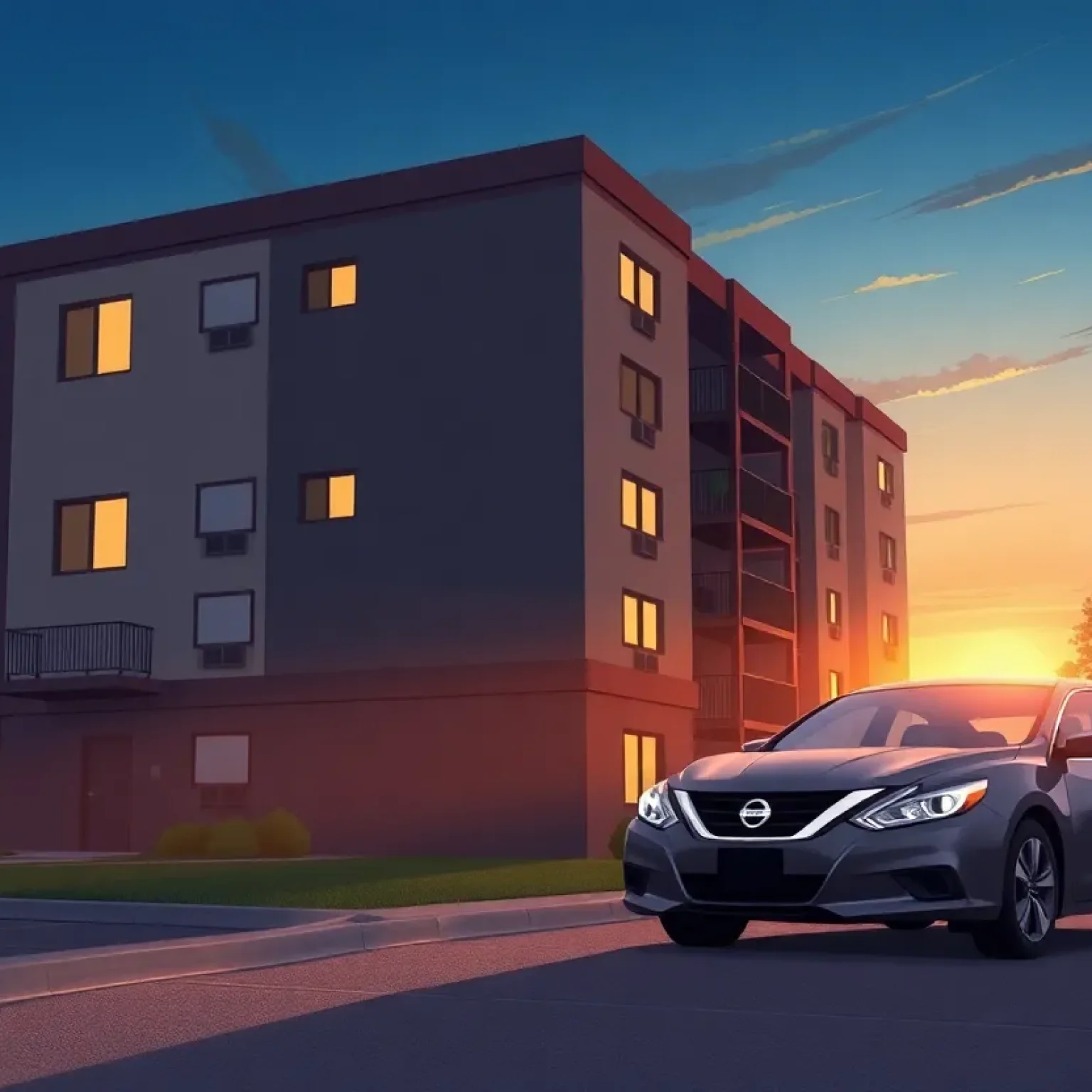 Illustration of an apartment complex with a parked dark grey Nissan Altima