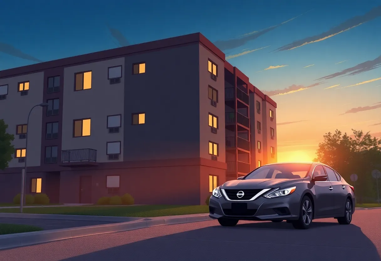 Illustration of an apartment complex with a parked dark grey Nissan Altima