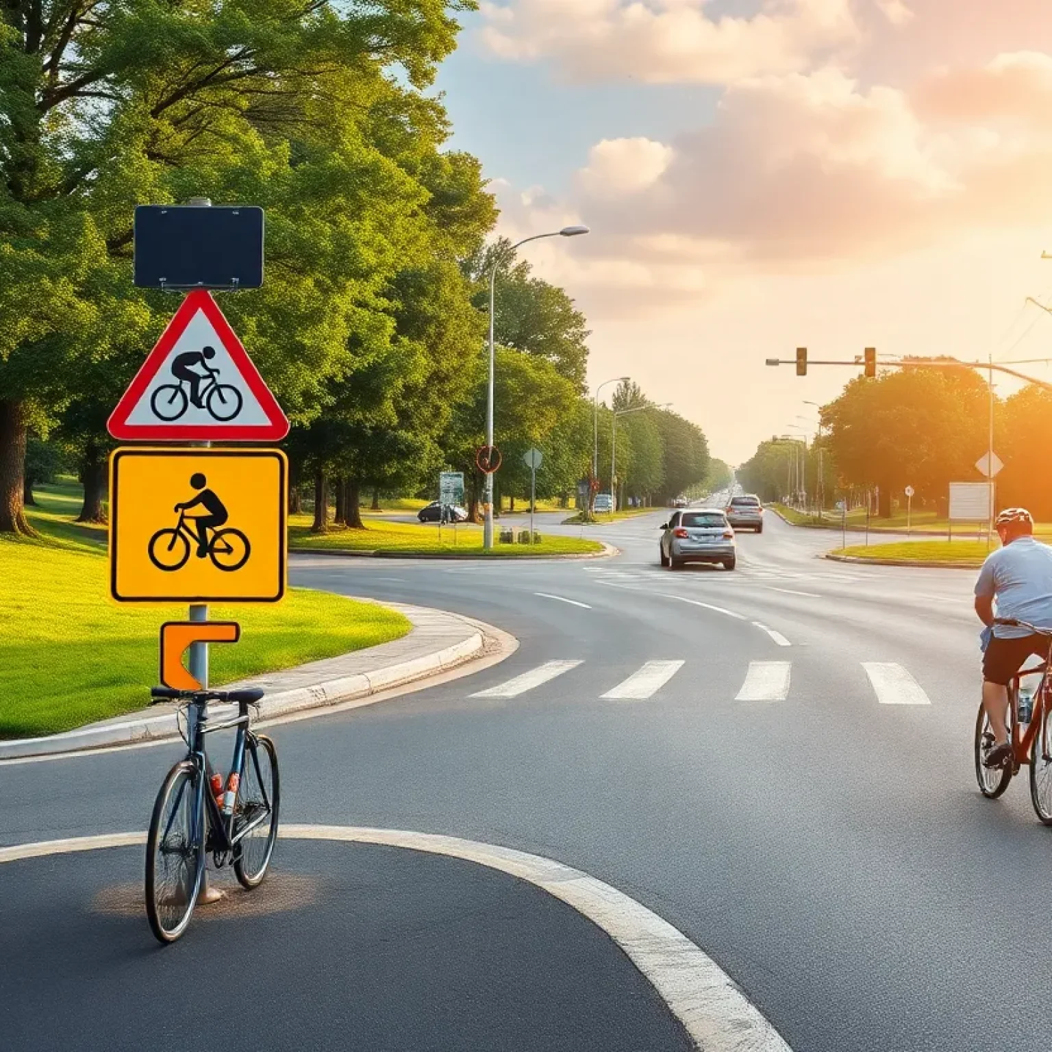 Illustration of a busy road intersection with cyclists and cars, showcasing safety measures.