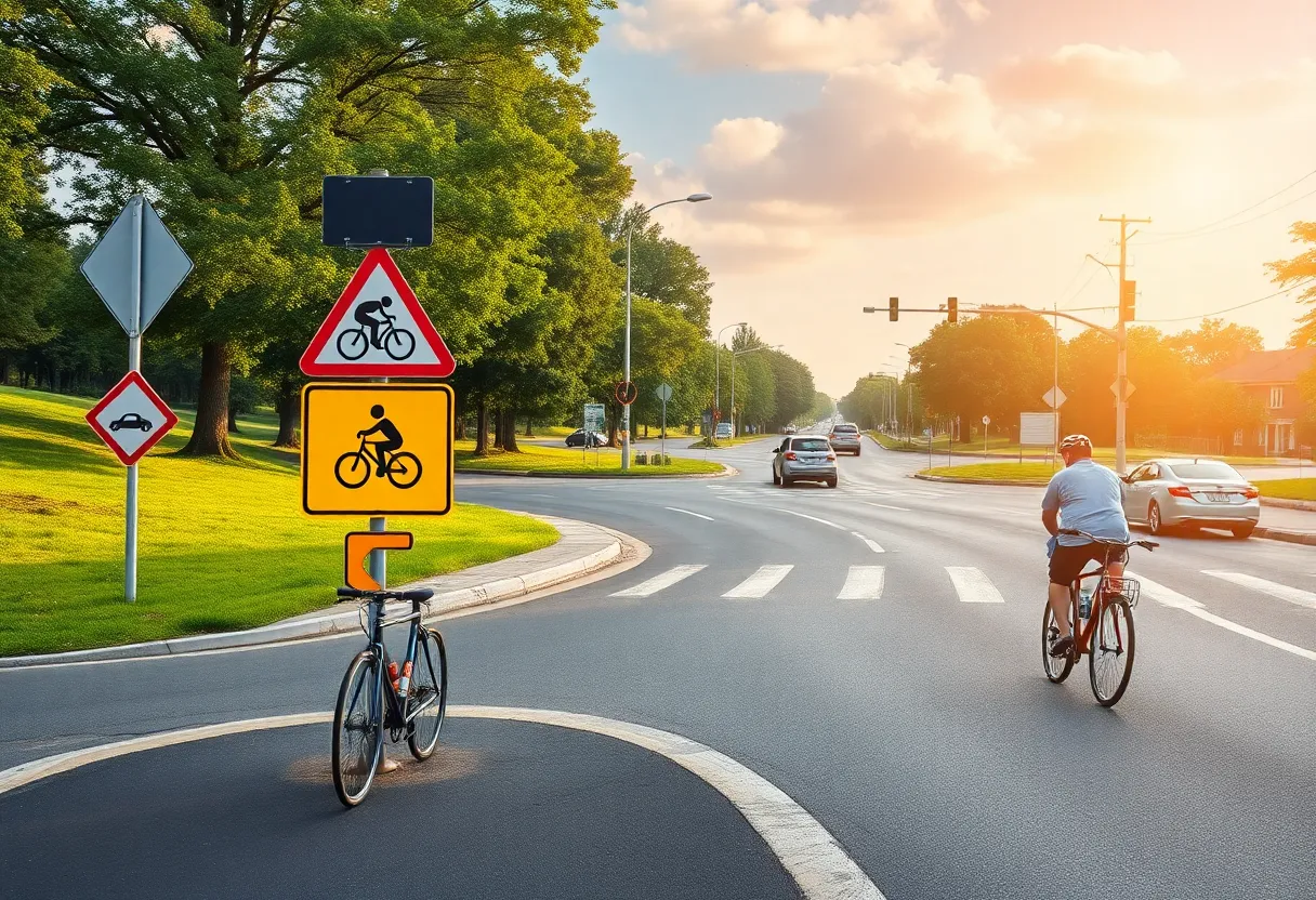 Illustration of a busy road intersection with cyclists and cars, showcasing safety measures.