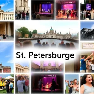 Collage of events in St. Petersburg including museums and celebrations.