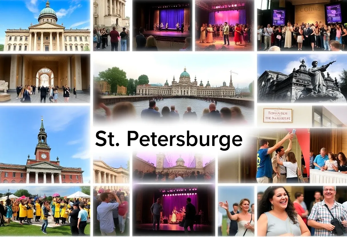 Collage of events in St. Petersburg including museums and celebrations.