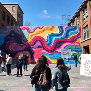 Students protesting the removal of a street mural at USF St. Petersburg with chalk art and banners.