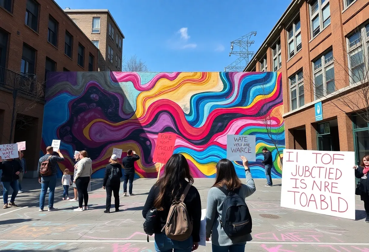 Students protesting the removal of a street mural at USF St. Petersburg with chalk art and banners.