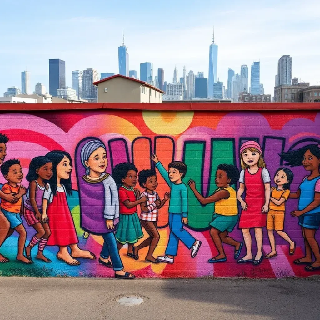 Colorful street mural representing community spirit and unity in St. Petersburg.