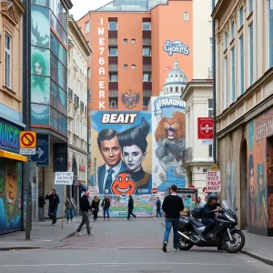 Protesters gathered near murals in St. Petersburg, showing community support for local art.