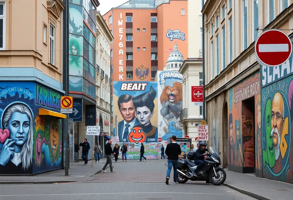 Protesters gathered near murals in St. Petersburg, showing community support for local art.