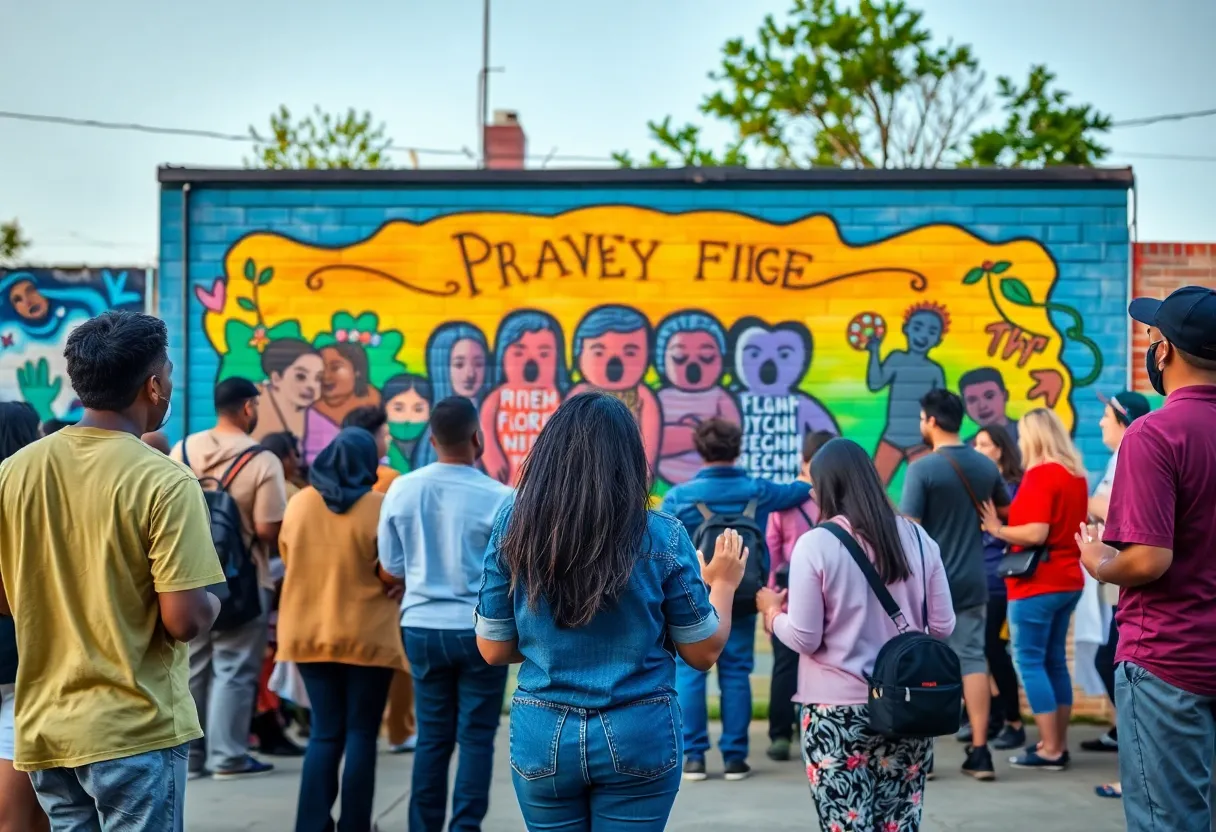 Community members holding candles at a prayer vigil for a mural removal protest in St. Petersburg.