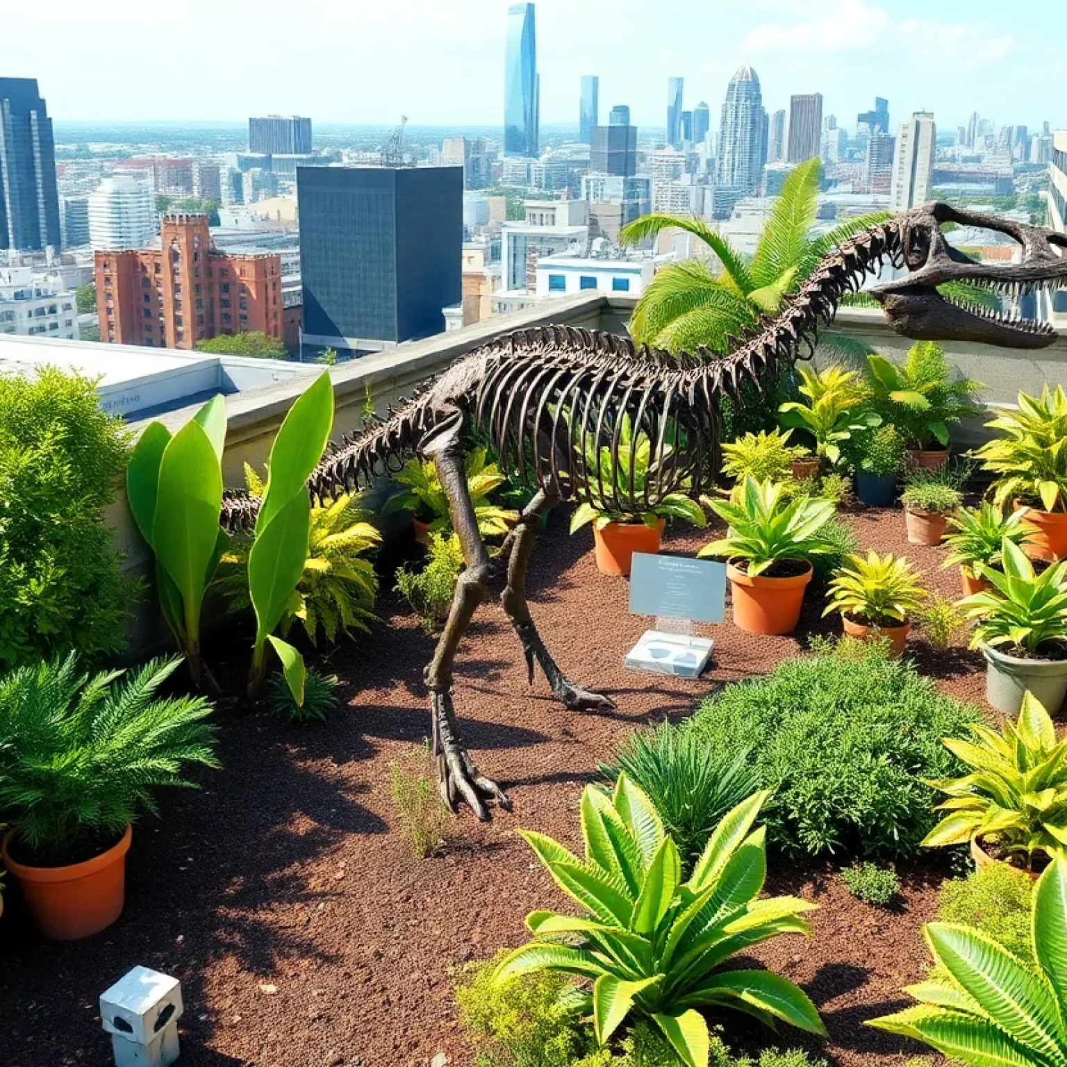 Rooftop garden in St. Petersburg featuring a rare dinosaur skeleton