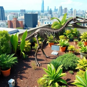 Rooftop garden in St. Petersburg featuring a rare dinosaur skeleton