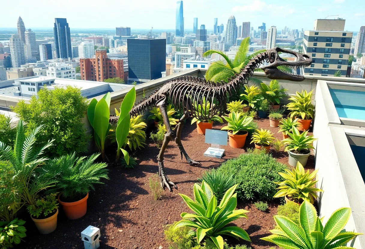 Rooftop garden in St. Petersburg featuring a rare dinosaur skeleton