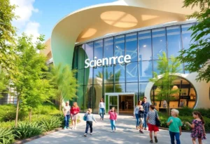 Exterior view of the St. Petersburg Science Center with families engaged in activities