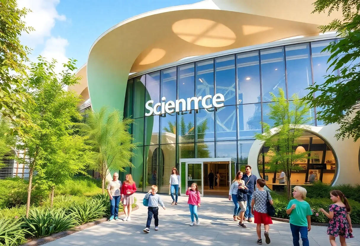 Exterior view of the St. Petersburg Science Center with families engaged in activities