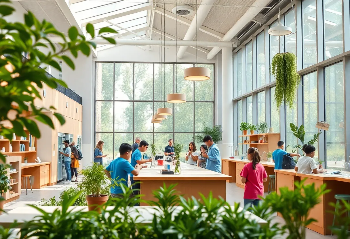 Illustration of a renovated St. Petersburg Science Center with children learning science.