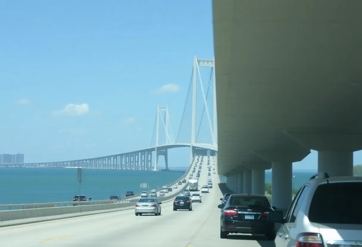 Traffic on the Sunshine Skyway Bridge with law enforcement presence
