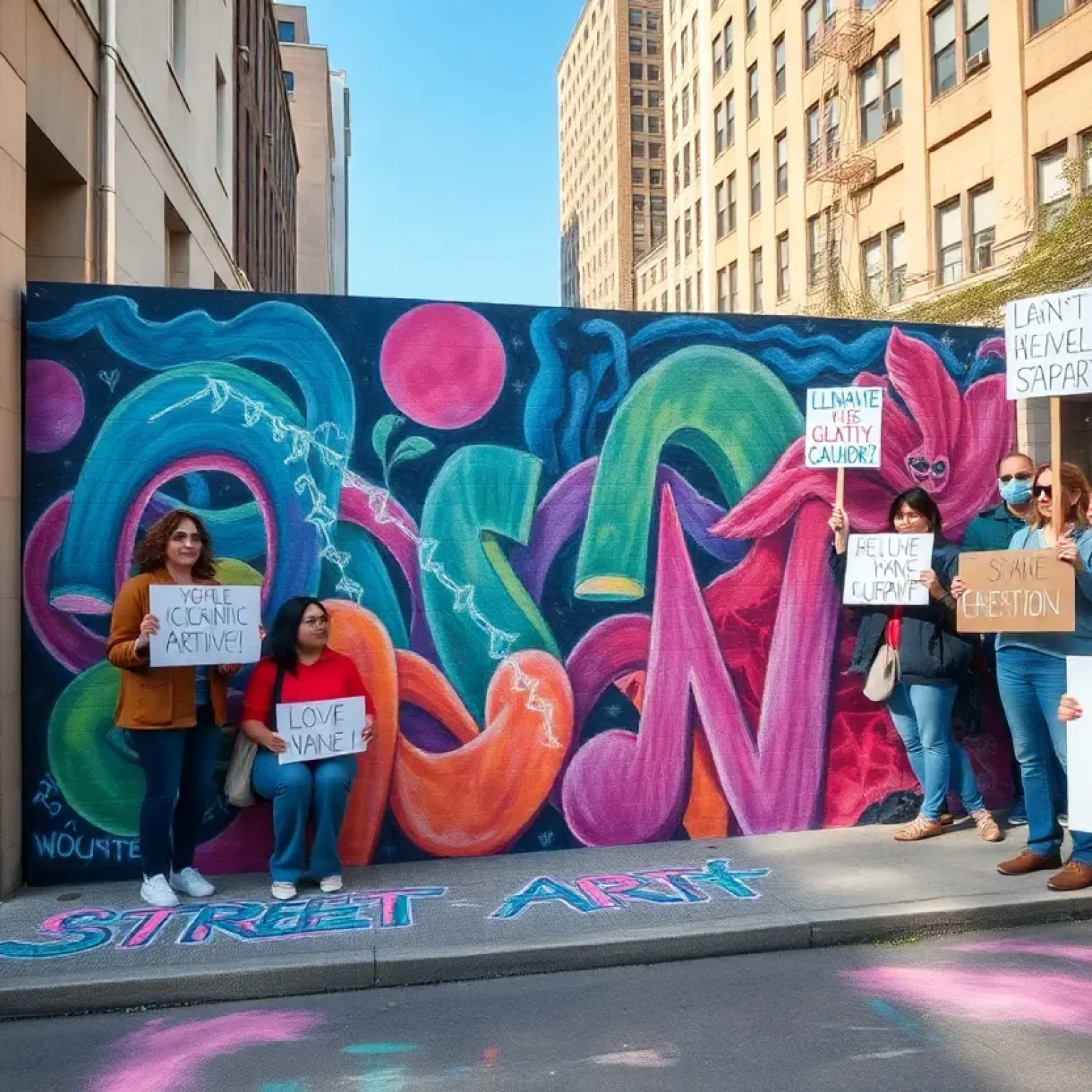 Protesters gathered around a colorful chalk mural in Tampa Bay supportive of street art.