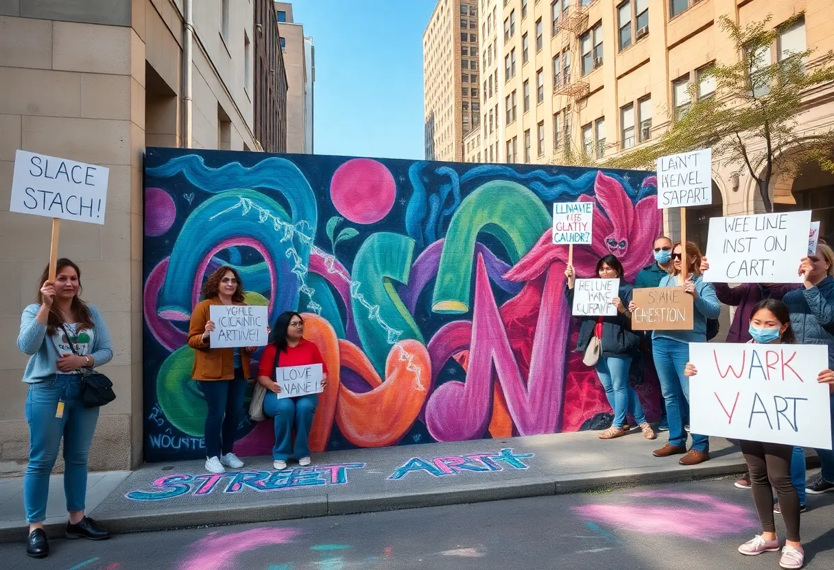 Protesters gathered around a colorful chalk mural in Tampa Bay supportive of street art.