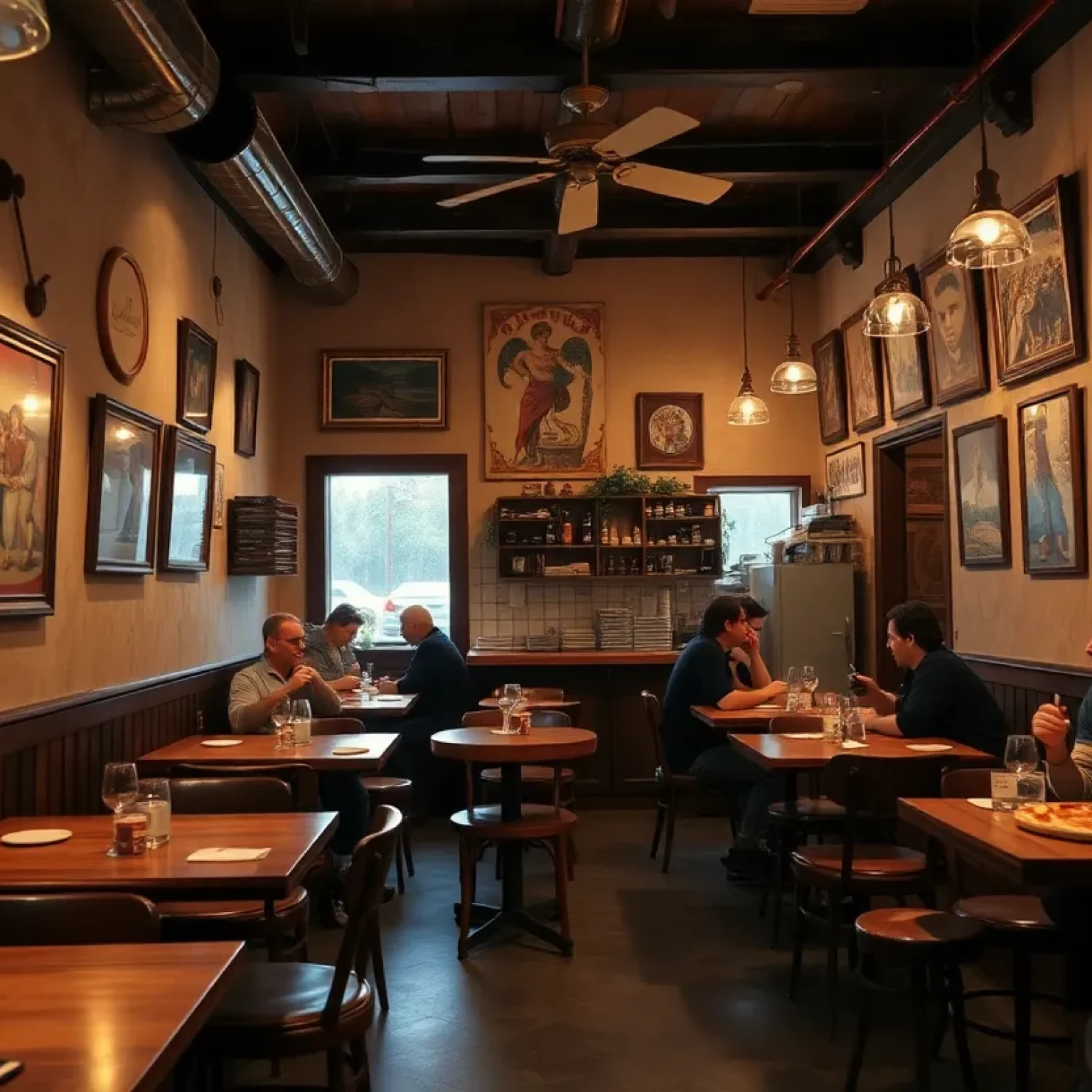 Interior of The Violet Stone Pizzeria with customers seated at wooden tables enjoying pizza