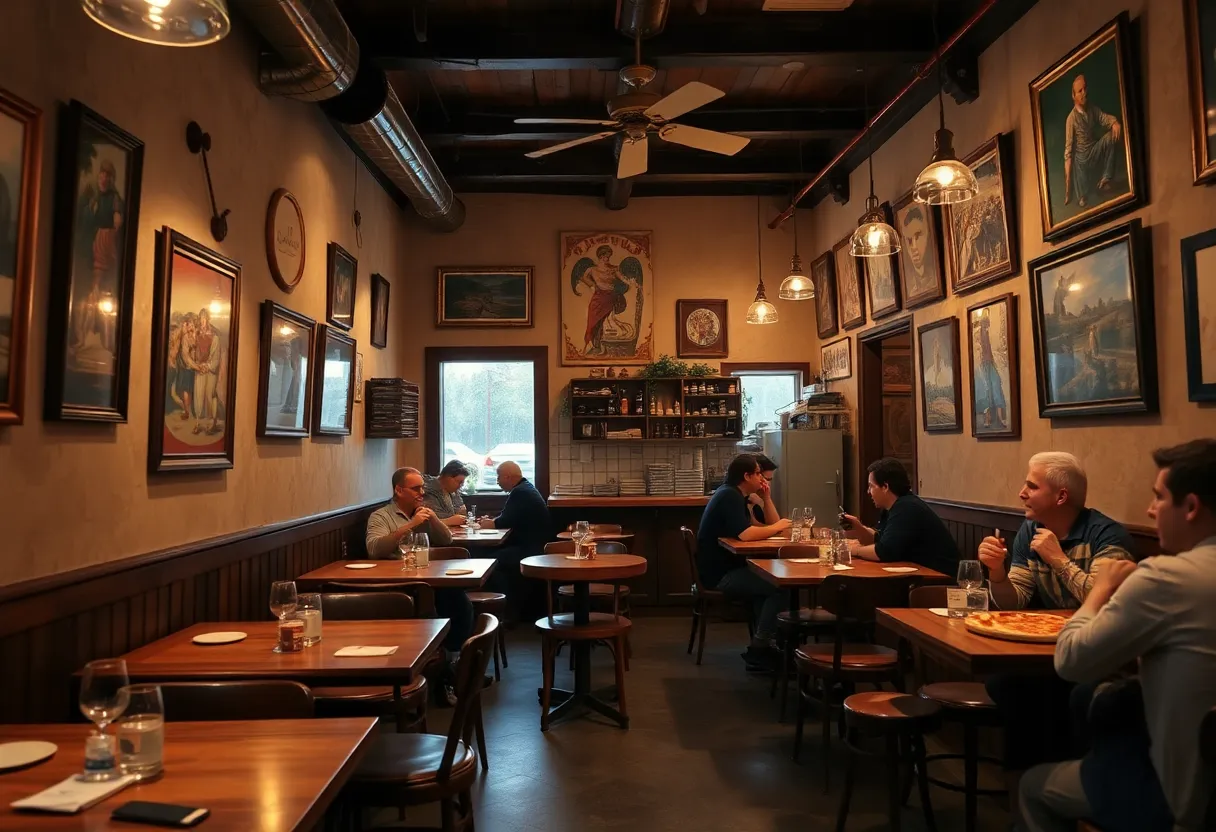 Interior of The Violet Stone Pizzeria with customers seated at wooden tables enjoying pizza