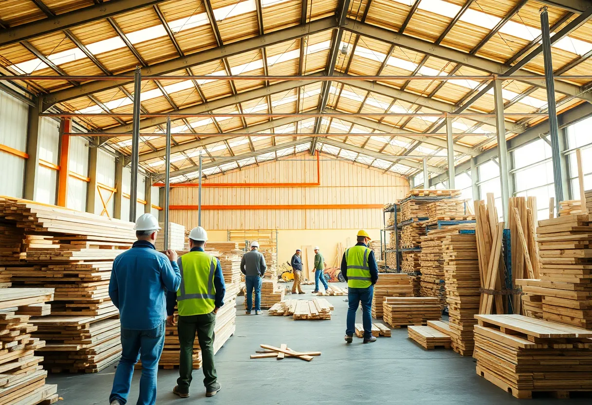 Exterior view of Tibbetts Lumber Co. new facility in Pensacola with construction materials