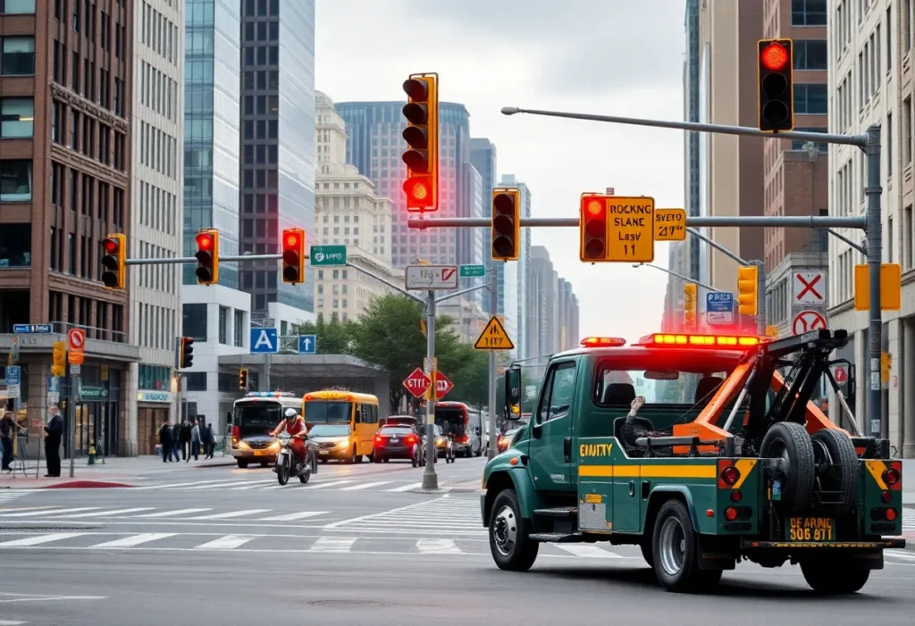 Tow truck at a city intersection highlighting road safety