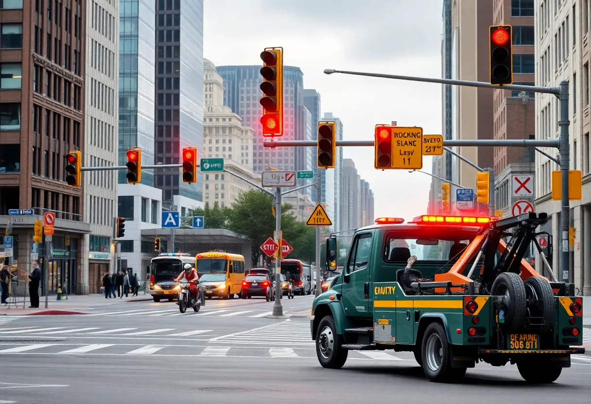 Tow truck at a city intersection highlighting road safety