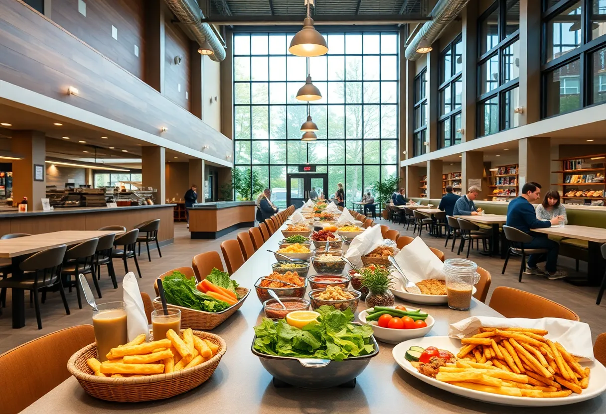 Modern dining hall at the University of South Florida with diverse food options