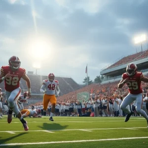 Players from the University of South Florida football team celebrating a touchdown during a game.