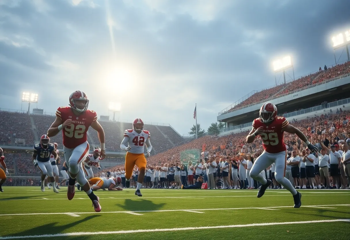 Players from the University of South Florida football team celebrating a touchdown during a game.