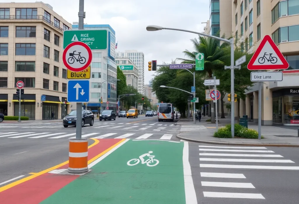 Urban intersection with bicycle lanes and traffic signs for cyclist safety