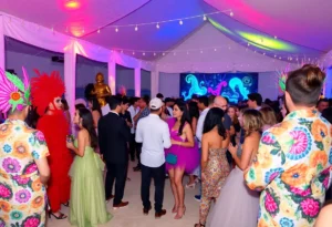 Scene from The Black Veil Ball at St. Pete Beach featuring colorful costumes and art.