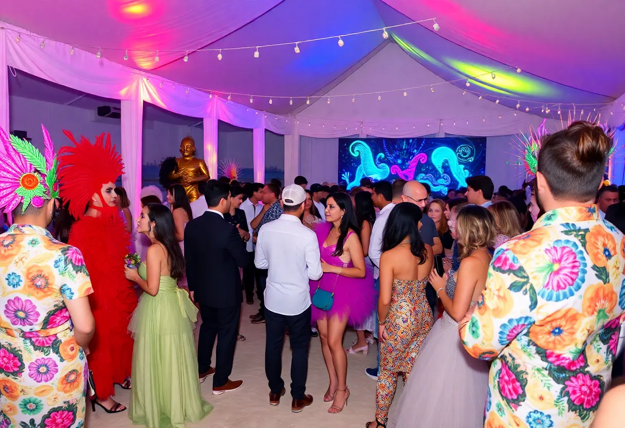 Scene from The Black Veil Ball at St. Pete Beach featuring colorful costumes and art.