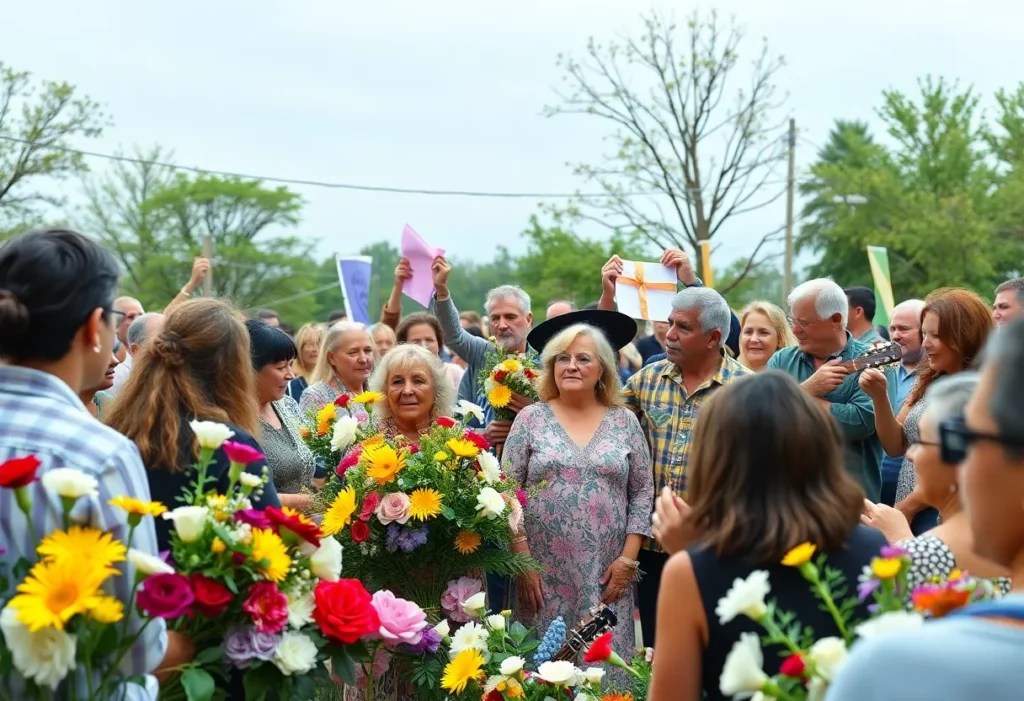 Community gathering celebrating Sandy Koslowski's life with flowers and music.