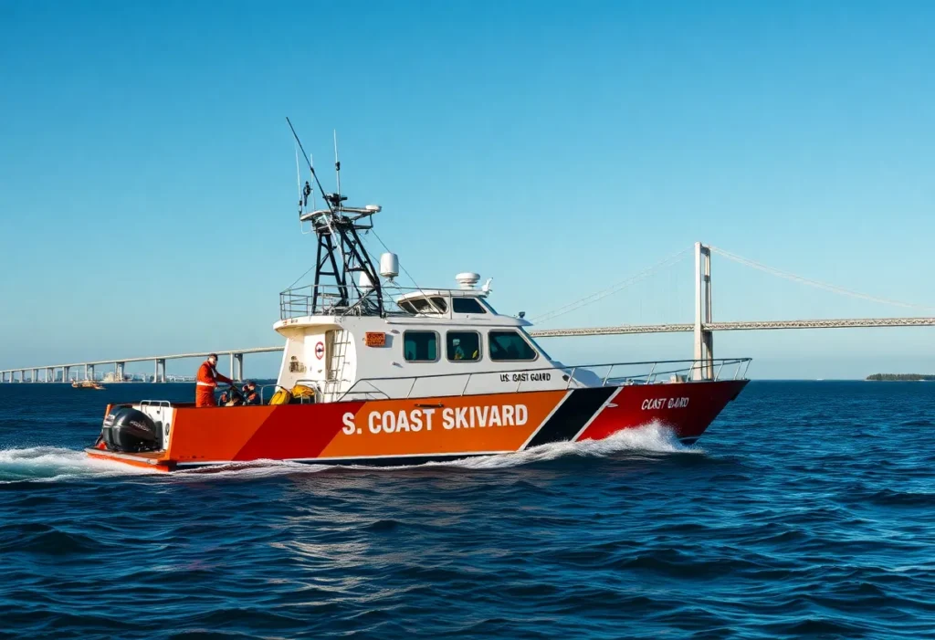 U.S. Coast Guard crew performing a rescue operation on the water near Sunshine Skyway Bridge.