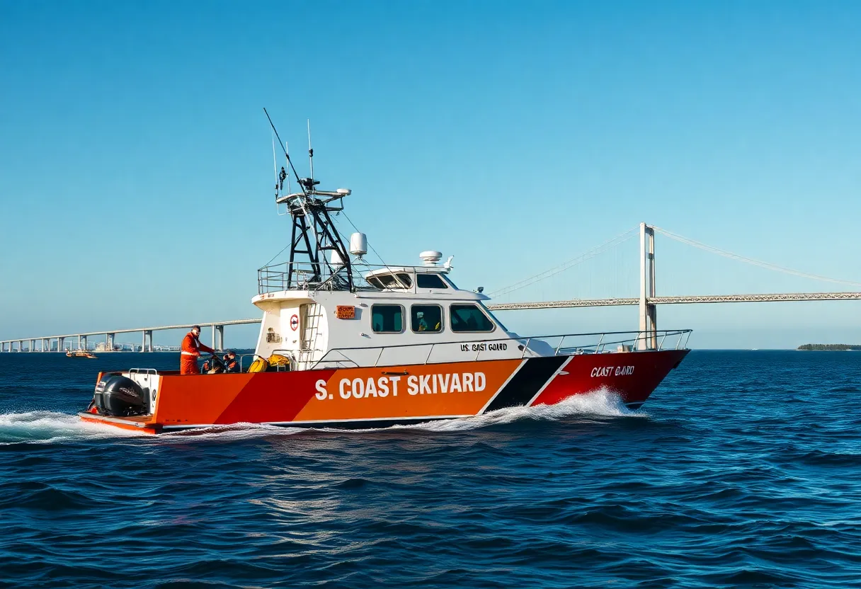 U.S. Coast Guard crew performing a rescue operation on the water near Sunshine Skyway Bridge.