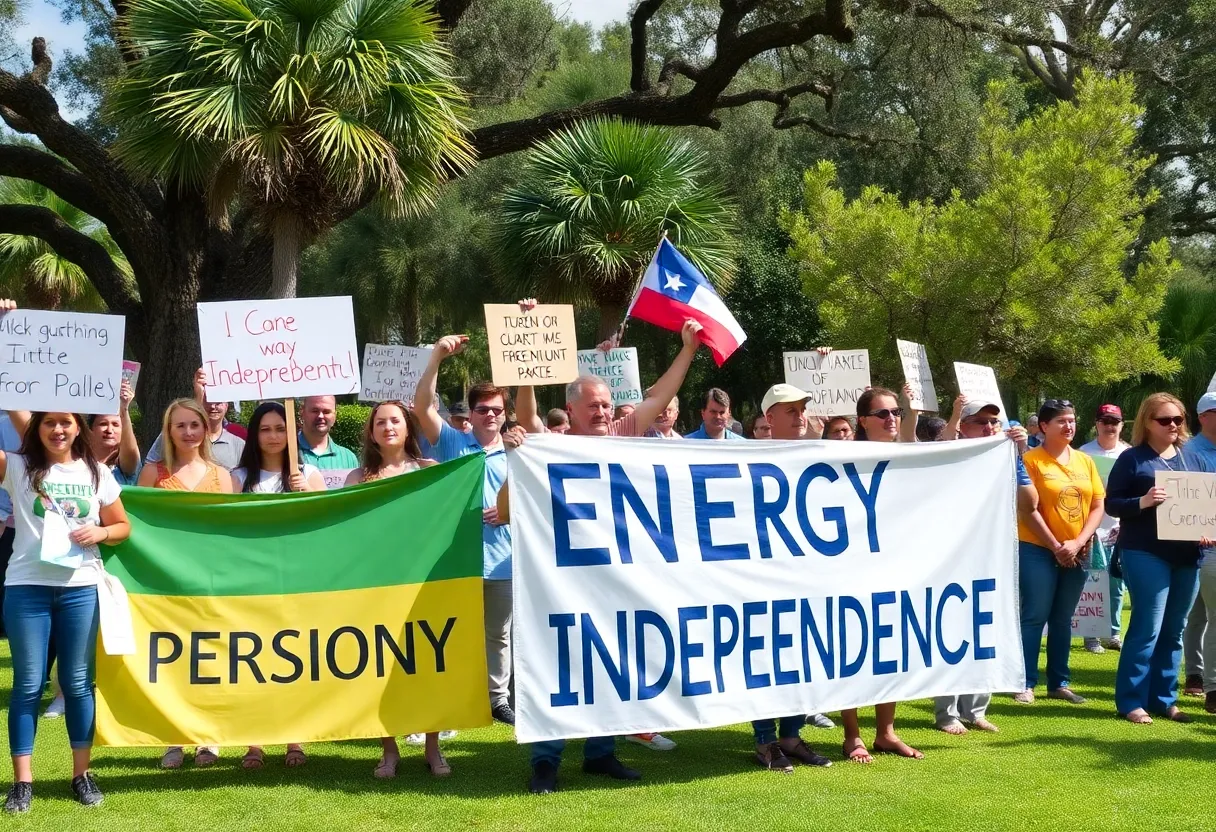 Residents at a rally in St. Petersburg holding signs against Duke Energy.
