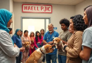 Community members gather outside a veterinary clinic concerned about animal welfare.