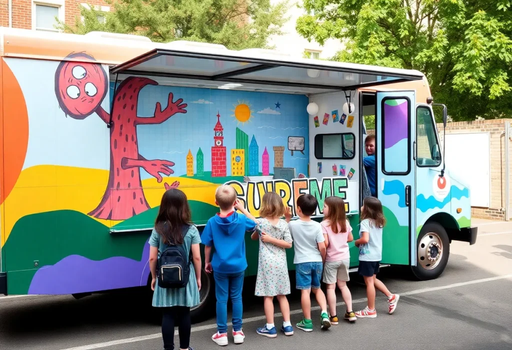 Students exploring the Dali Art Mobile at their school.