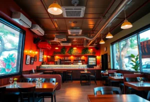 Interior of Datz Restaurant in St. Petersburg with warm lighting and engaging decor