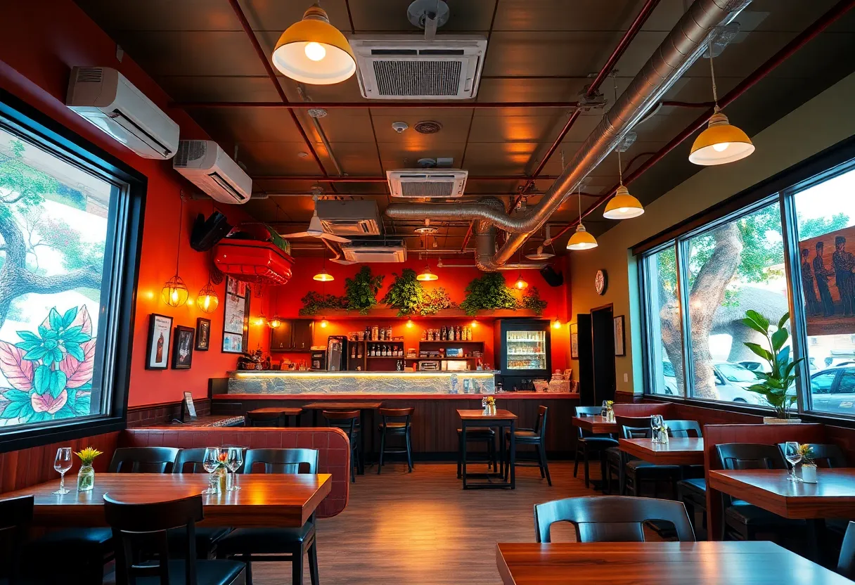 Interior of Datz Restaurant in St. Petersburg with warm lighting and engaging decor