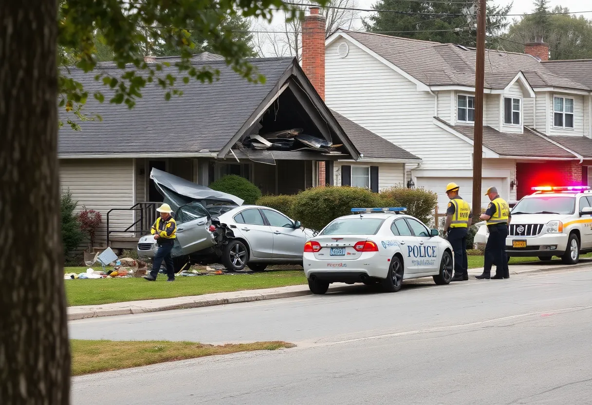 Car accident scene showing damage to a home