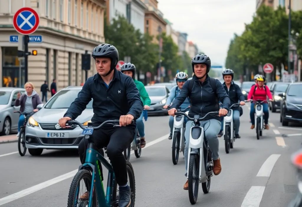 A vibrant street scene in St. Petersburg with e-bike riders and traffic signs promoting safety.