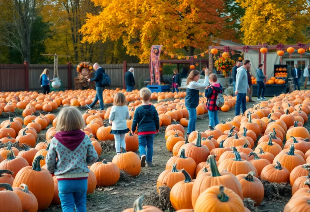 A lively pumpkin patch in Pinellas County with families enjoying fall activities.