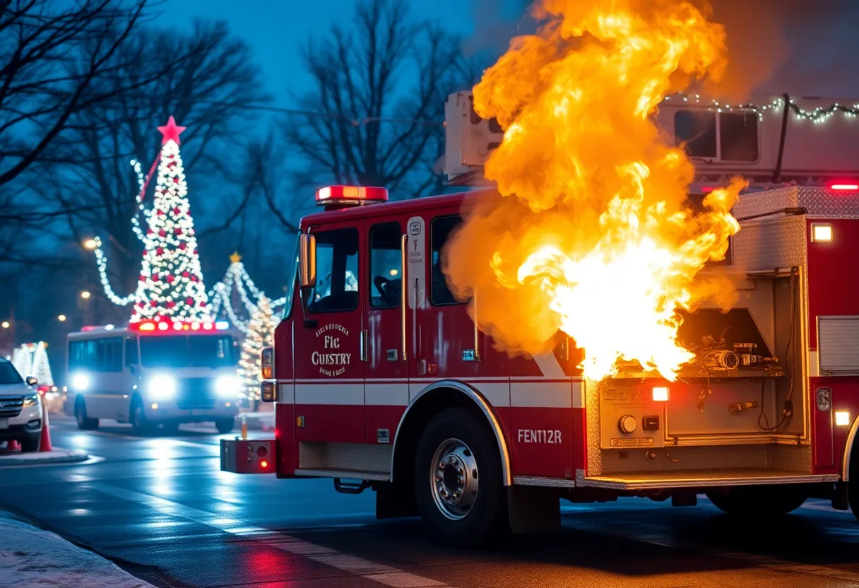 Fire truck and firefighters addressing a lithium-ion battery fire during the holiday season.