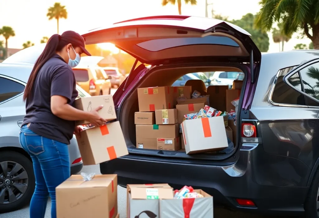 Volunteers at a food drive in St. Petersburg loading food into vehicles