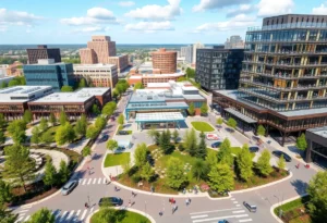 Conceptual image of a revitalized Gas Plant District with modern amenities.
