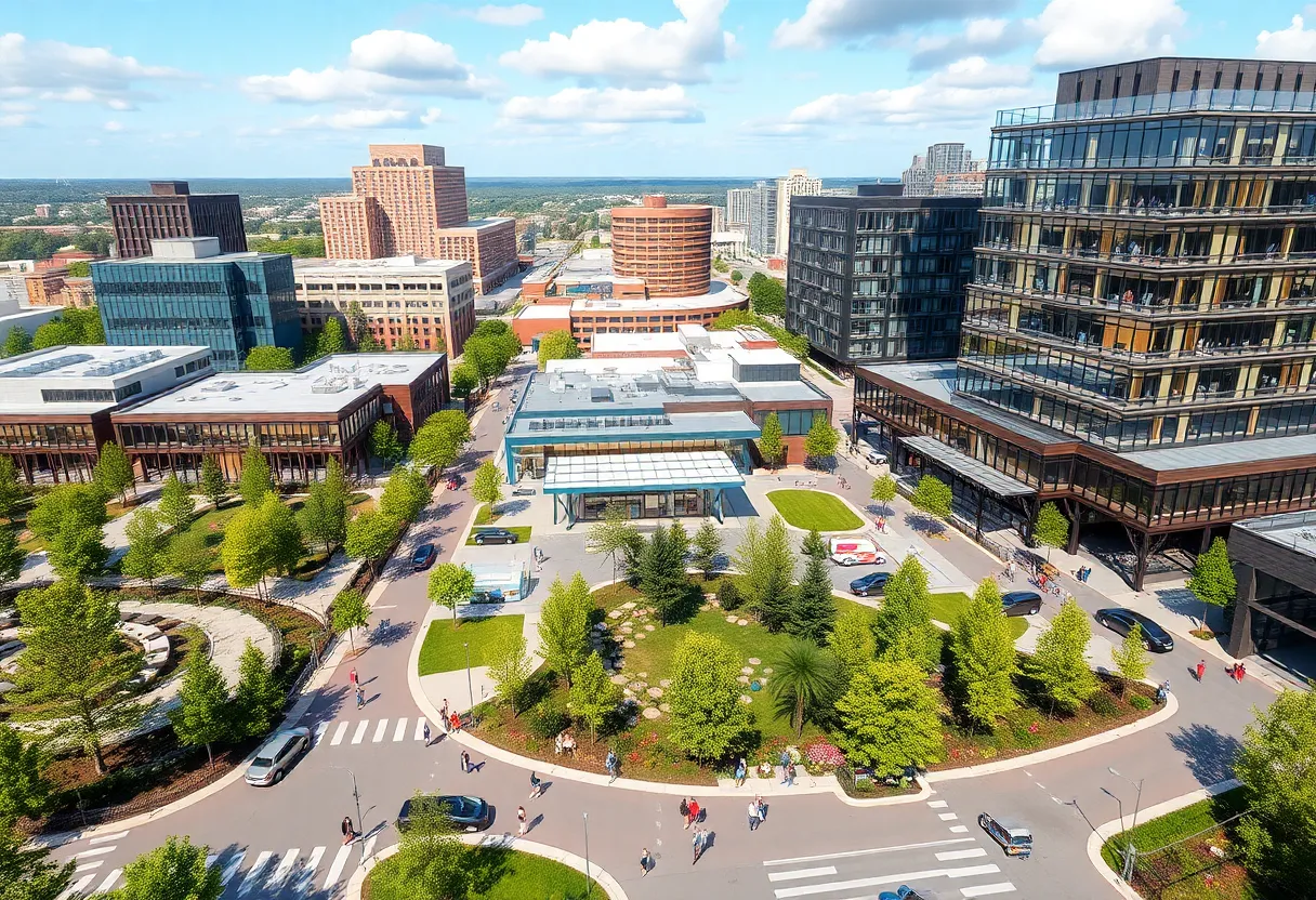 Conceptual image of a revitalized Gas Plant District with modern amenities.