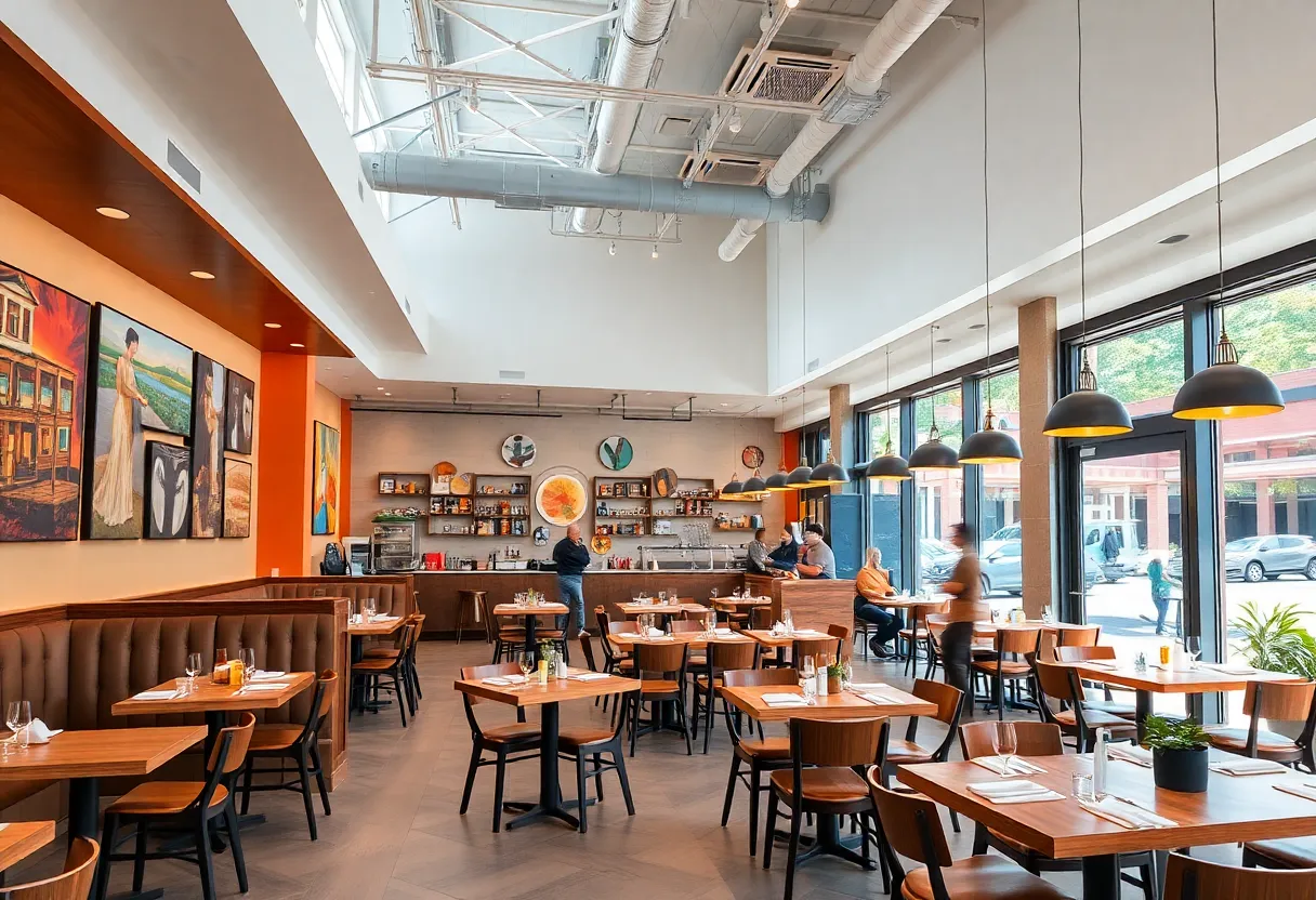 Interior view of a modern restaurant inspired by local flavors in St. Petersburg.