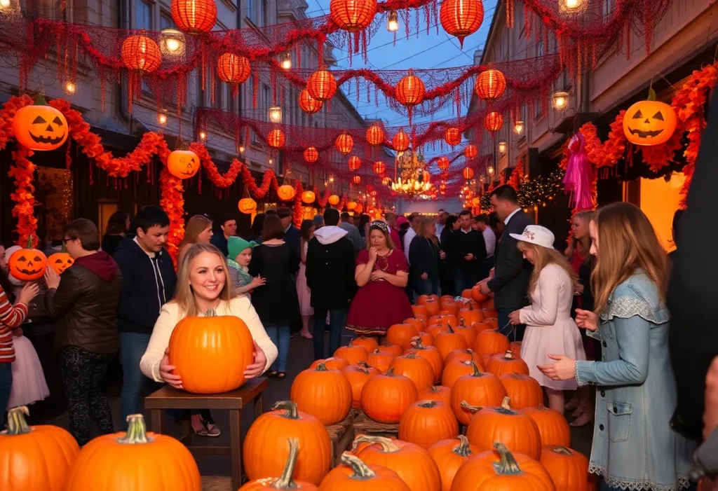 A lively scene from a Halloween festival in St. Petersburg with decorations and attendees in costumes.